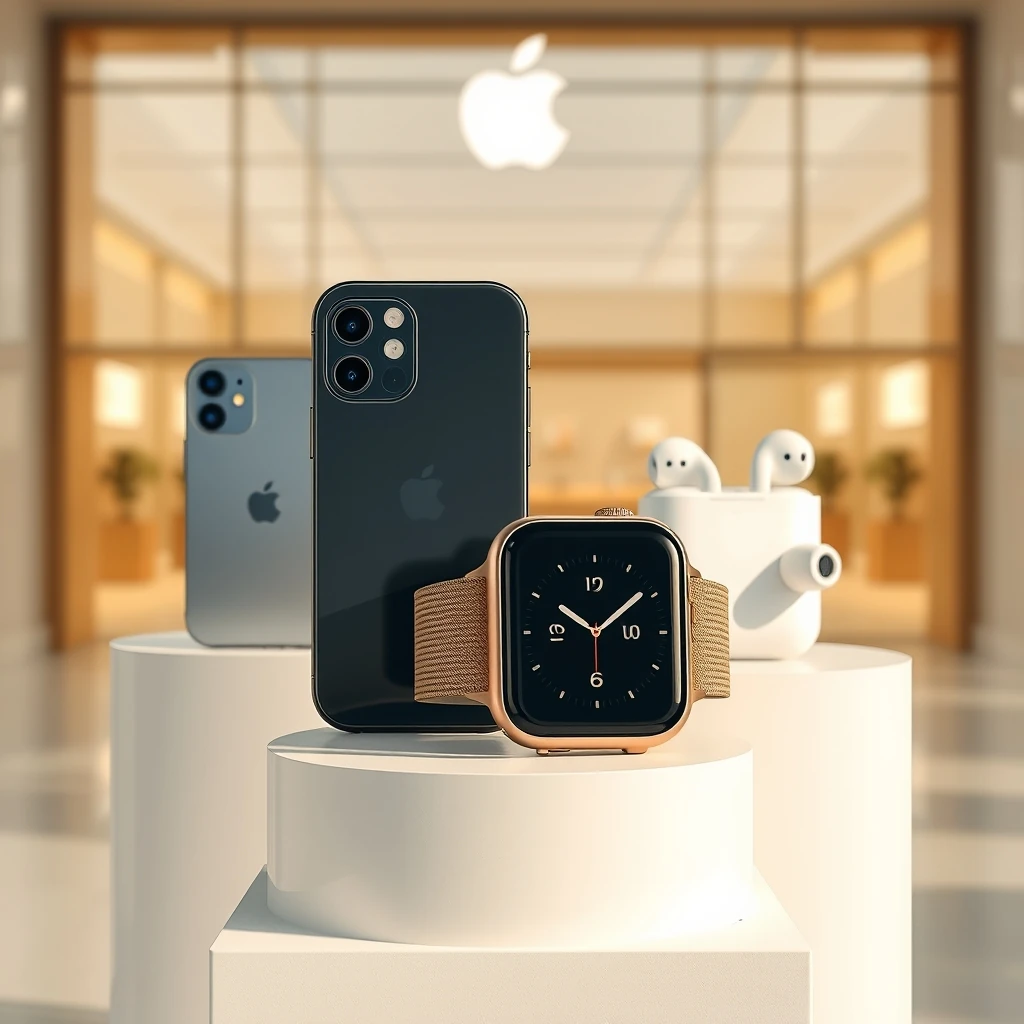 Editorial illustration representing The latest iPhone, Apple Watch, and AirPods lineups arrive in stores worldwide