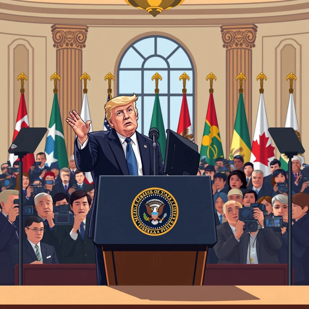 Editorial illustration representing Trump pardons 2 auto workers on stage during rally in Alaska