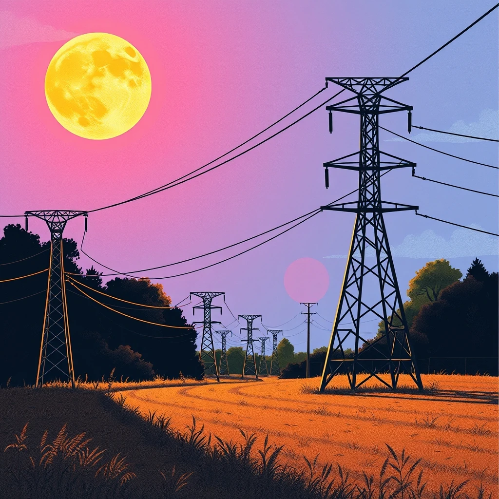 Editorial illustration representing Trump Energy Department issues emergency order to prevent blackouts across 13 states amid unusual Oc