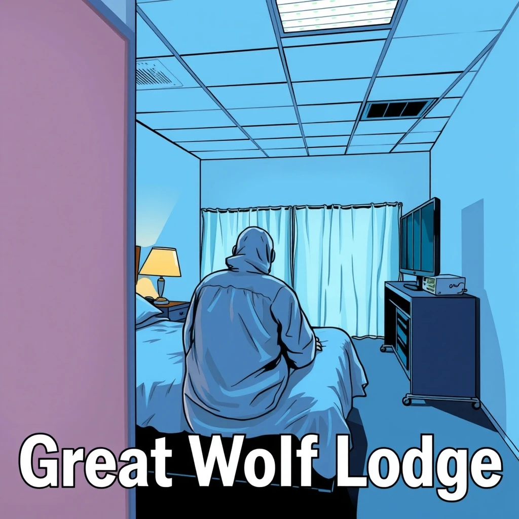 Editorial news illustration representing Great Wolf Lodge horror as mom accused of killing husband and toddler inside hot